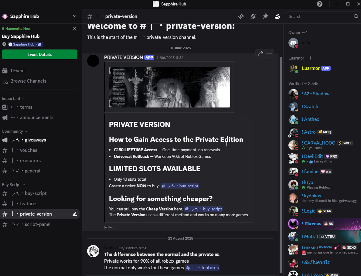 Sapphire Hub private-version channel advertising a 150 euro "universal rollback"