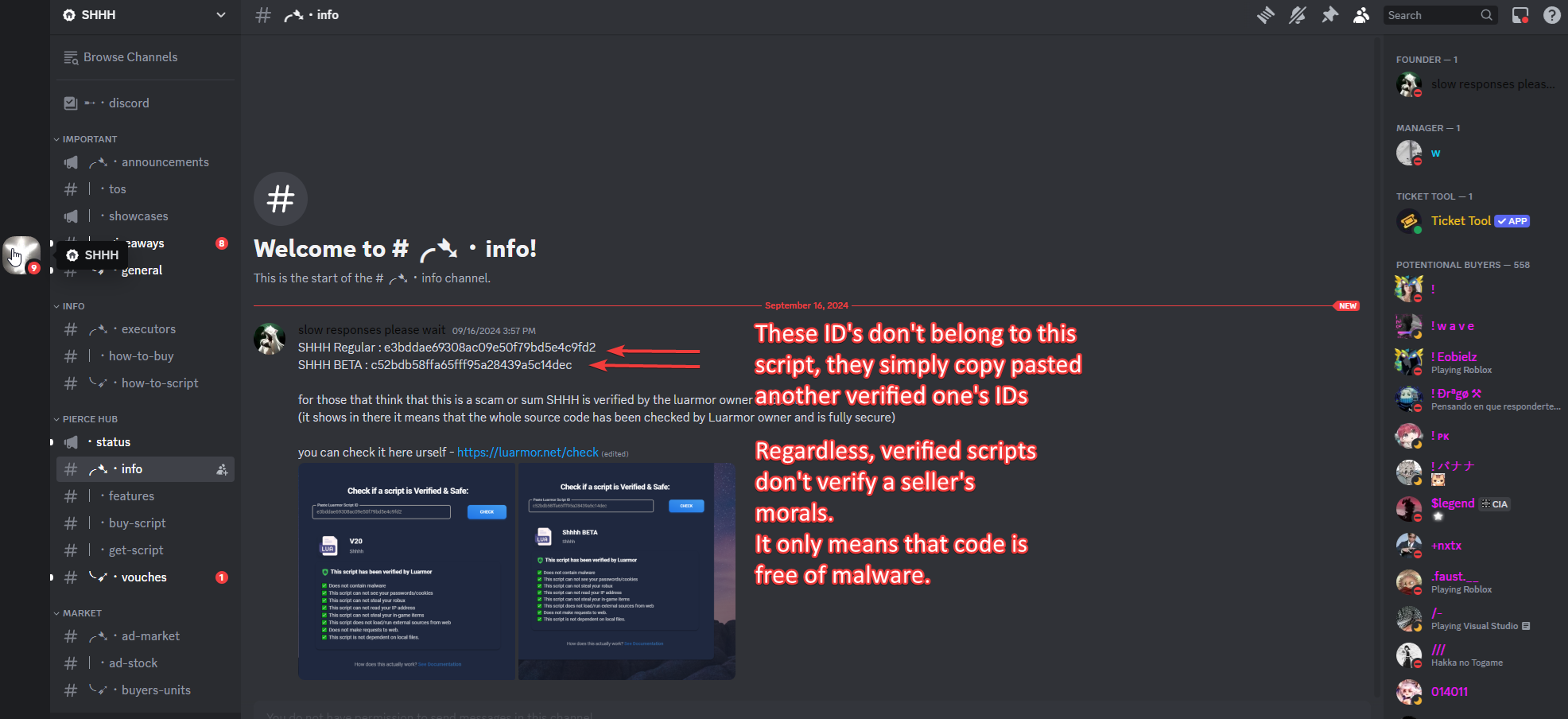 SHHH info channel posting script IDs copied from another verified script; verified scripts only mean the code is free of malware, not that the seller is honest