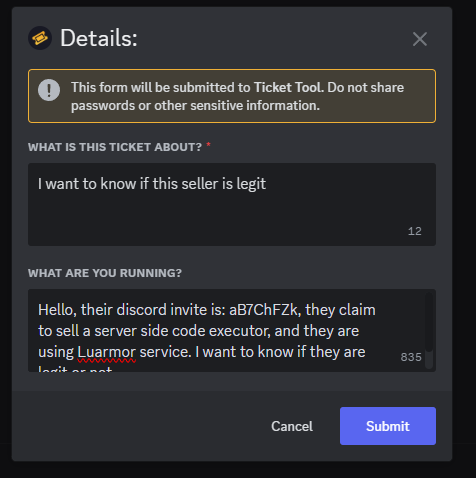 Support ticket form asking whether a seller is legit, including their Discord invite