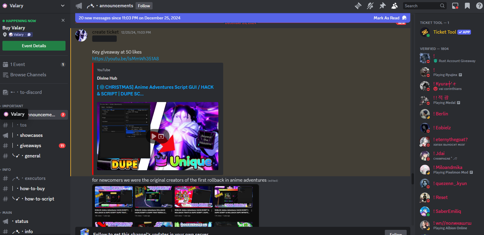 Valary announcements channel advertising a Divine Hub "dupe" script