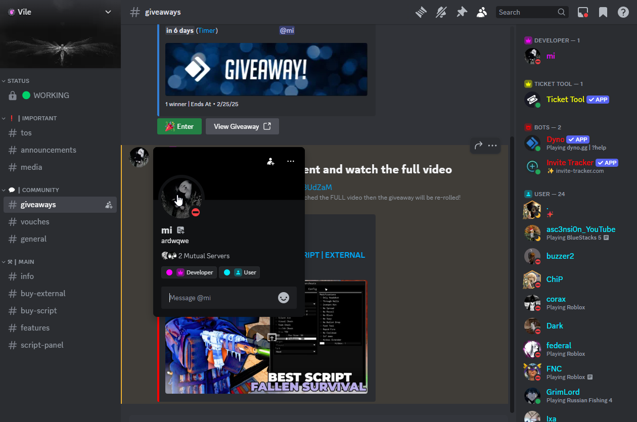 Vile giveaways channel with the owner ardwqwe's profile open