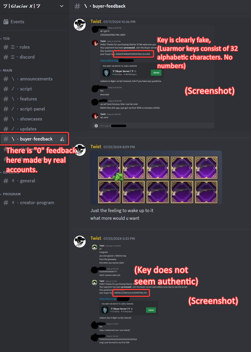 Glacier X buyer-feedback channel with screenshot-only vouches and fake-looking keys annotated