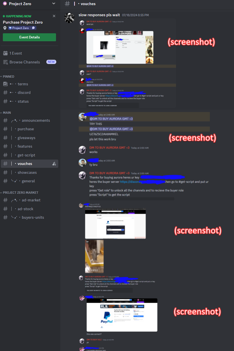 Project Zero vouches channel made up entirely of screenshots posted by the server owner