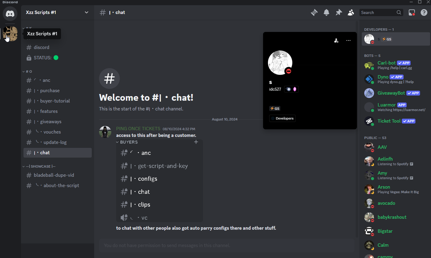 Xzz Scripts #1 chat channel locked behind "access to this after being a customer"