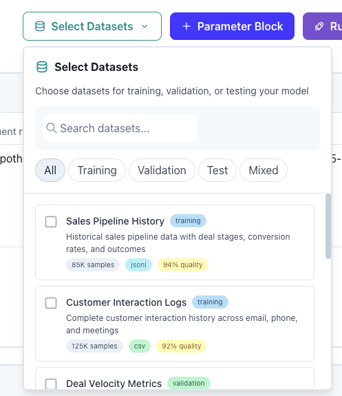 Dataset selector showing available test datasets