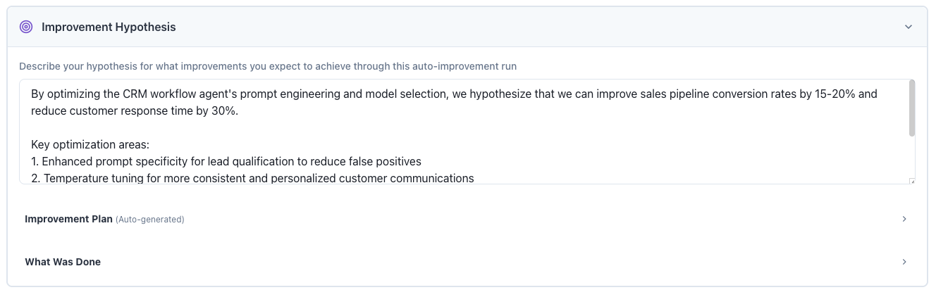 Improvement hypothesis input with generated plan
