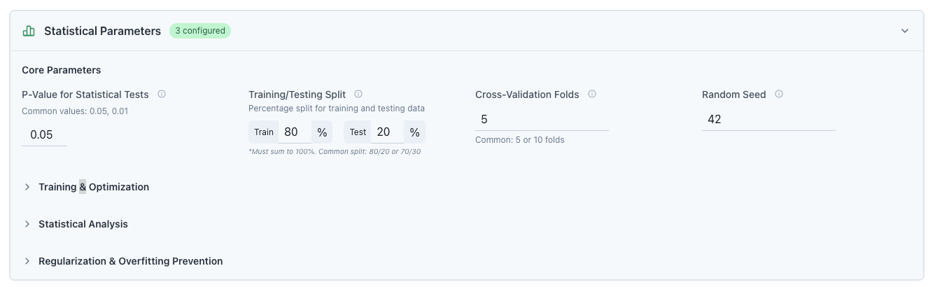 Statistical parameters configuration panel