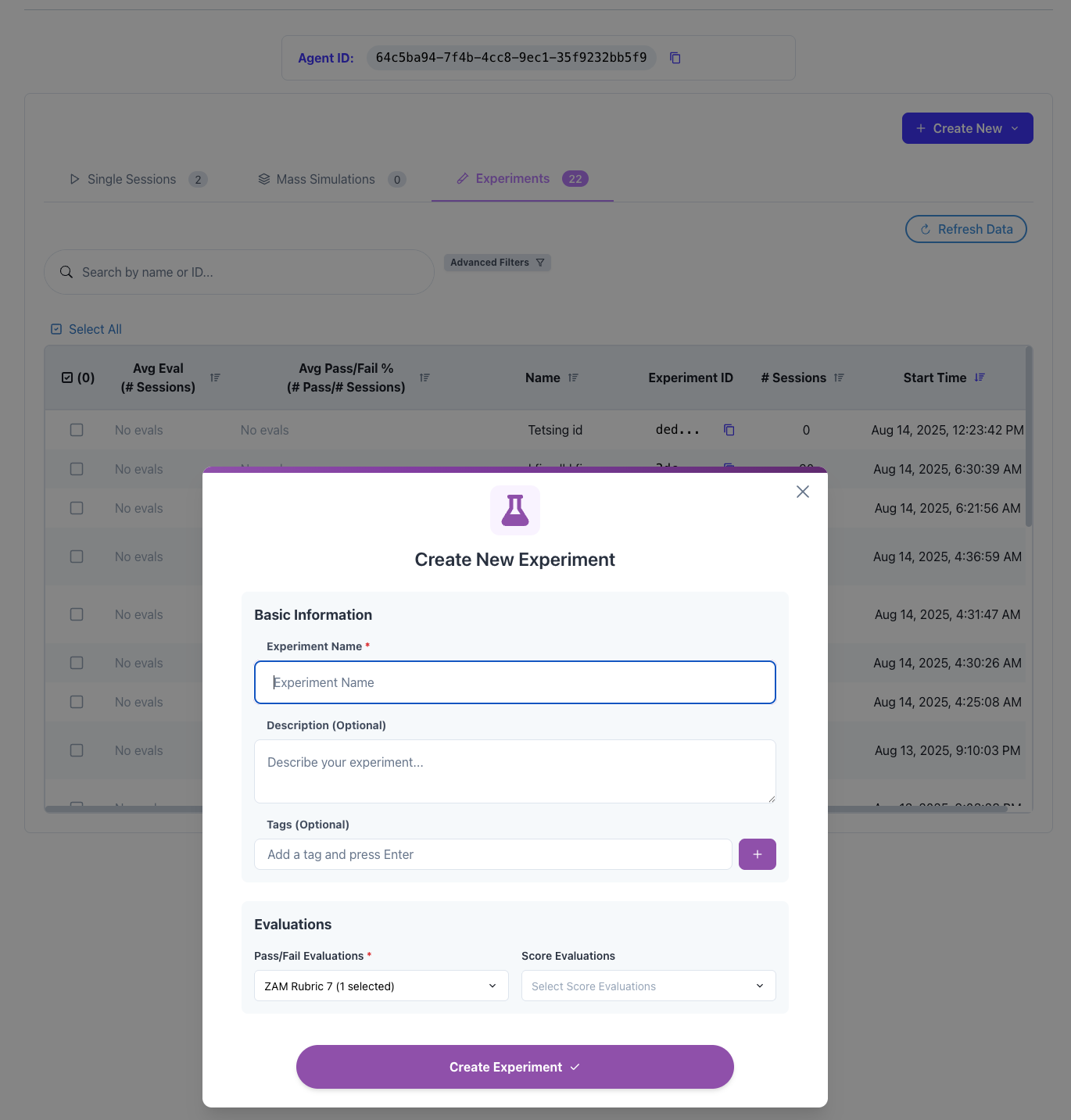 Create Experiment Dialog