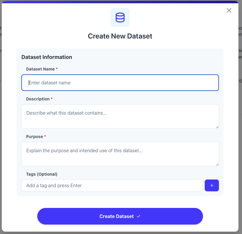 Dataset creation dialog with configuration options
