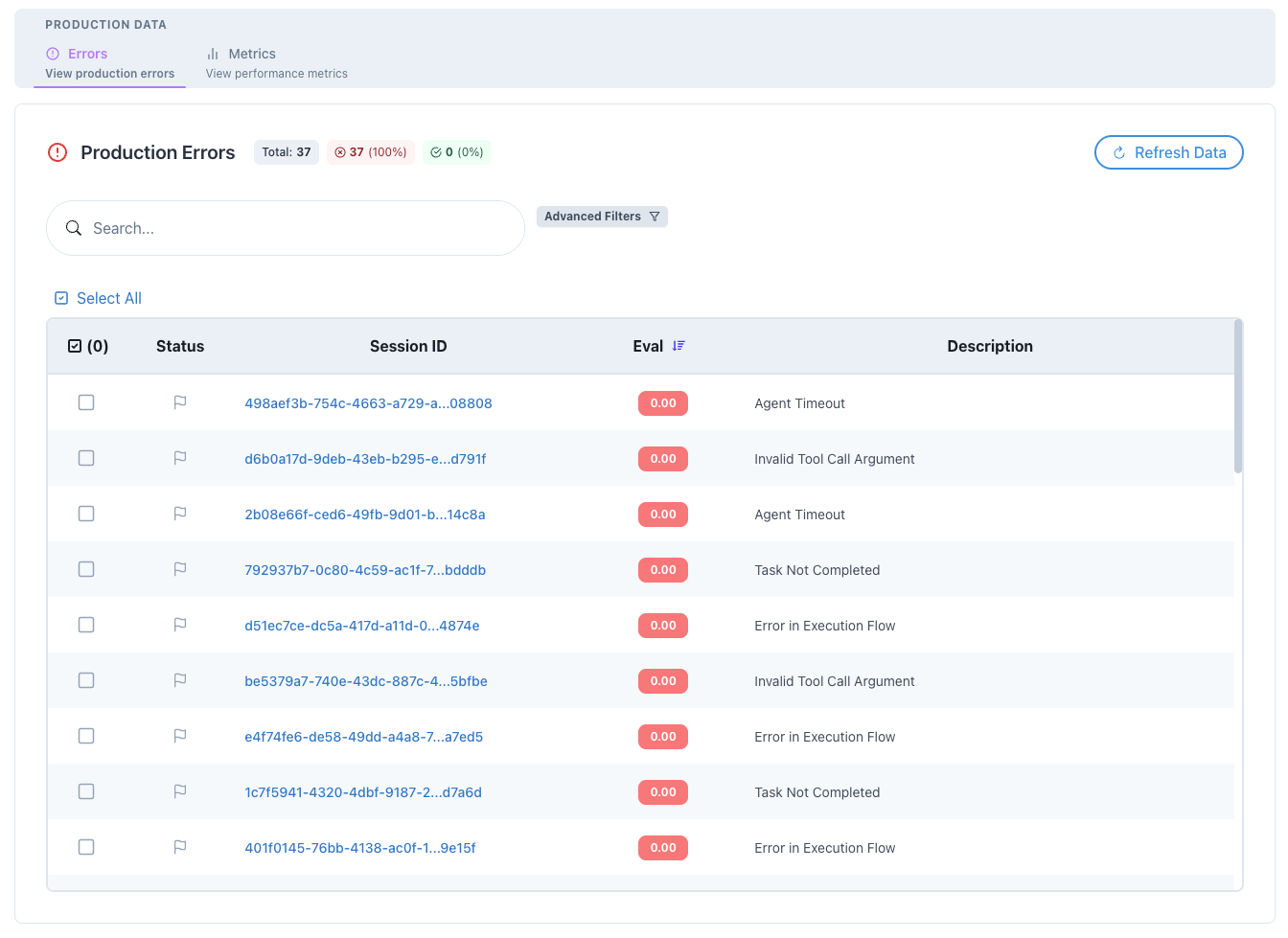 Error tracking interface showing error types and affected sessions