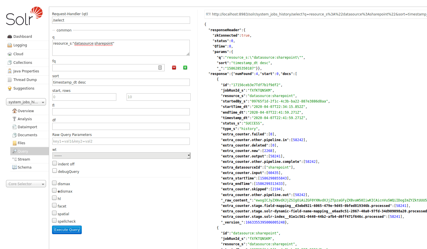 Job history query in Solr