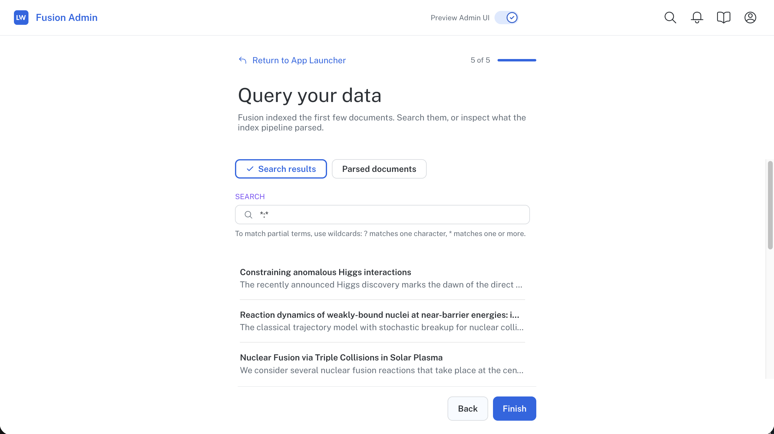 The final Quickstart step shows search results for the first few indexed documents