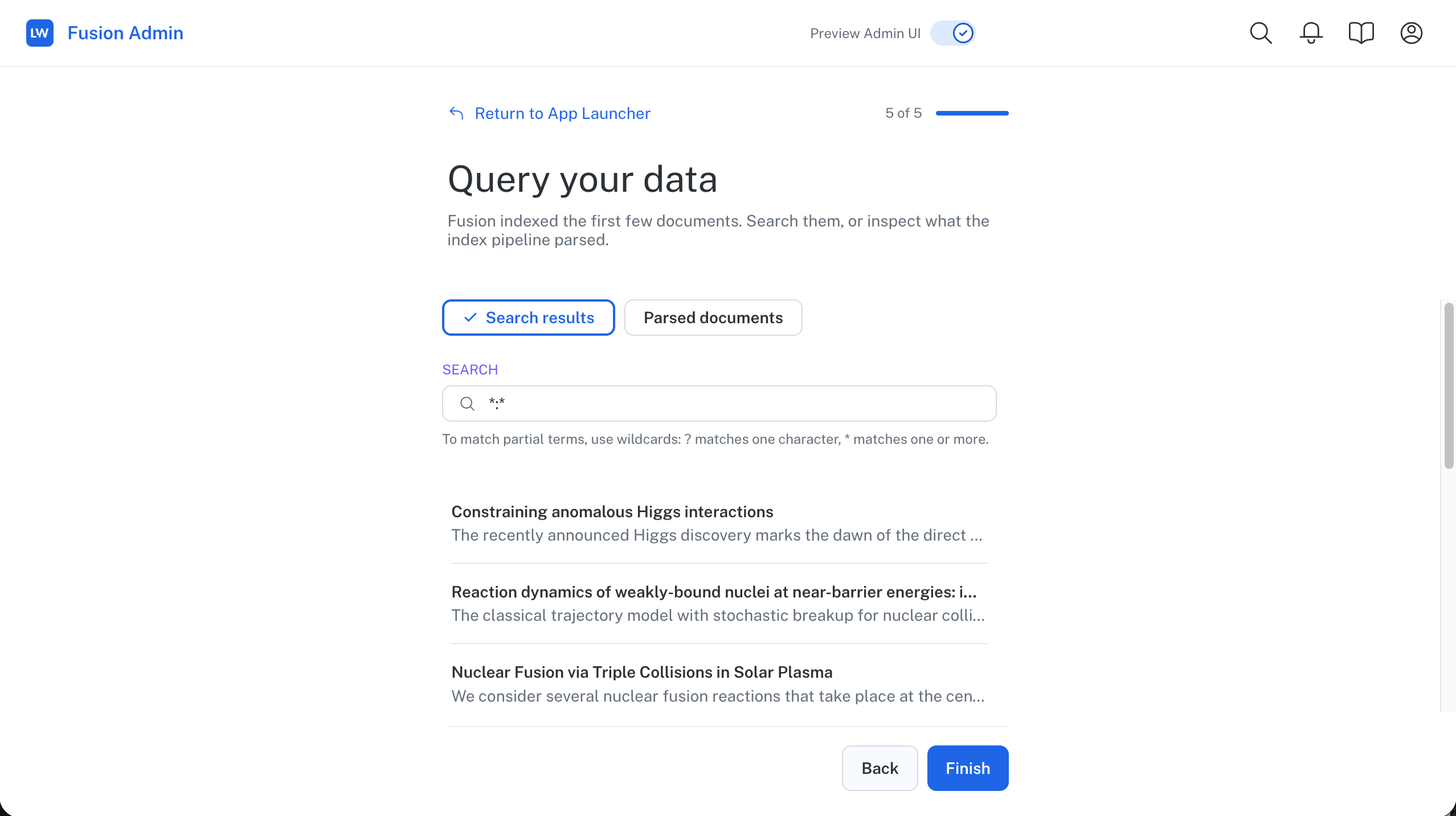 The final Quickstart step shows search results for the first few indexed documents
