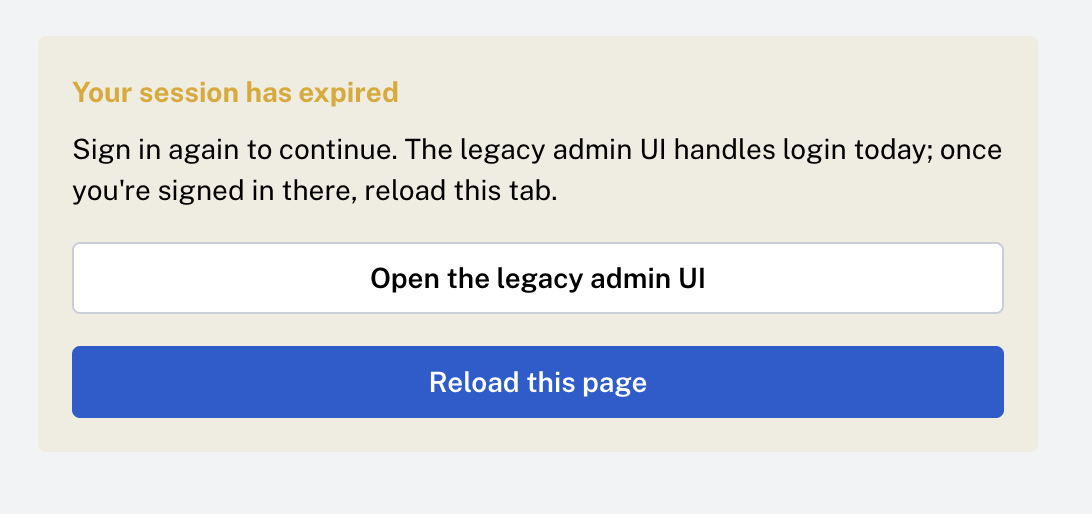 Fusion prompts you to either open the legacy Admin UI or reload the page to resume using the new one