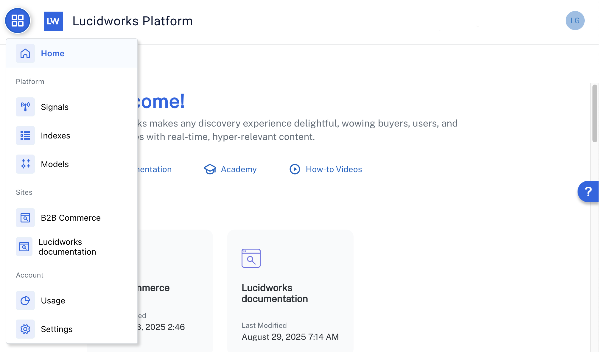 Lucidworks Platform megamenu