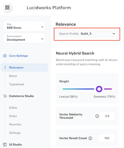 Query profiles dropdown on the Core Settings > Relevance page