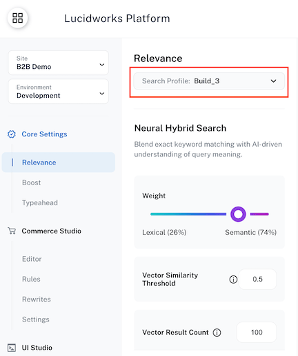 Query profiles dropdown on the Core Settings > Relevance page