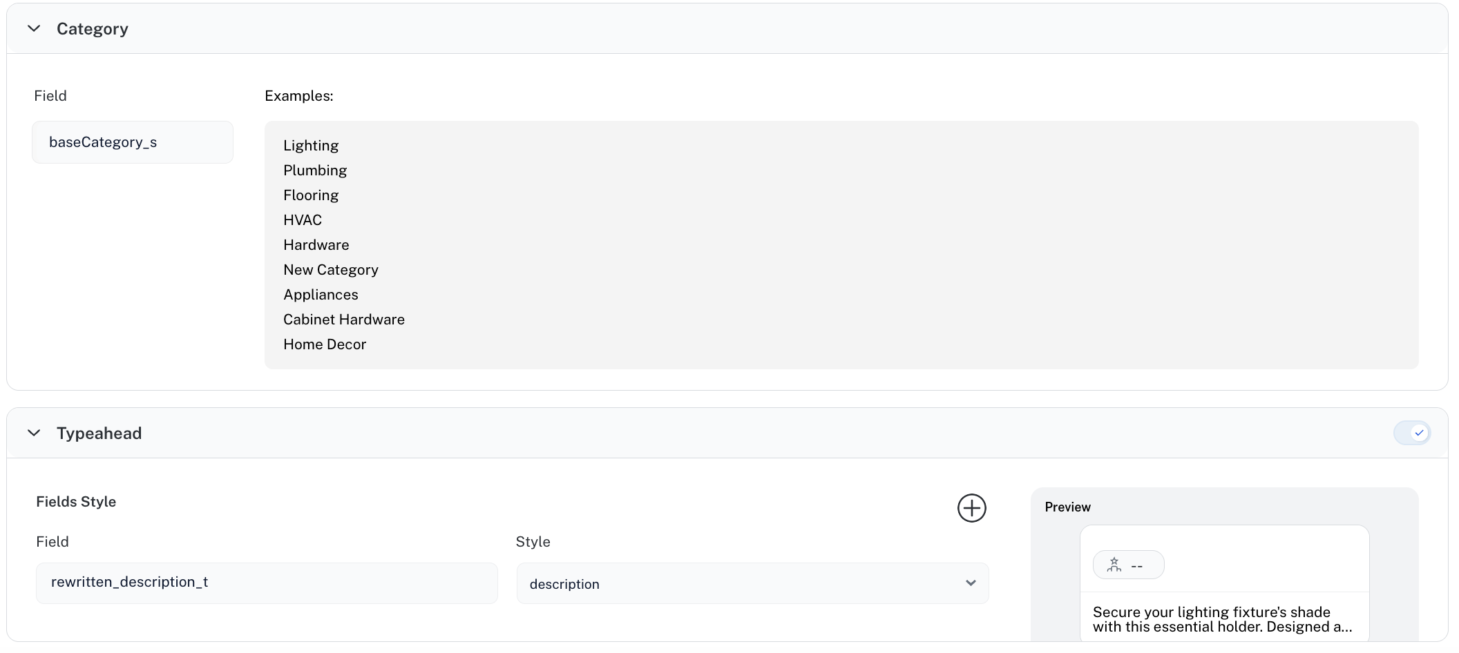 Configure search results Category and Typeahead