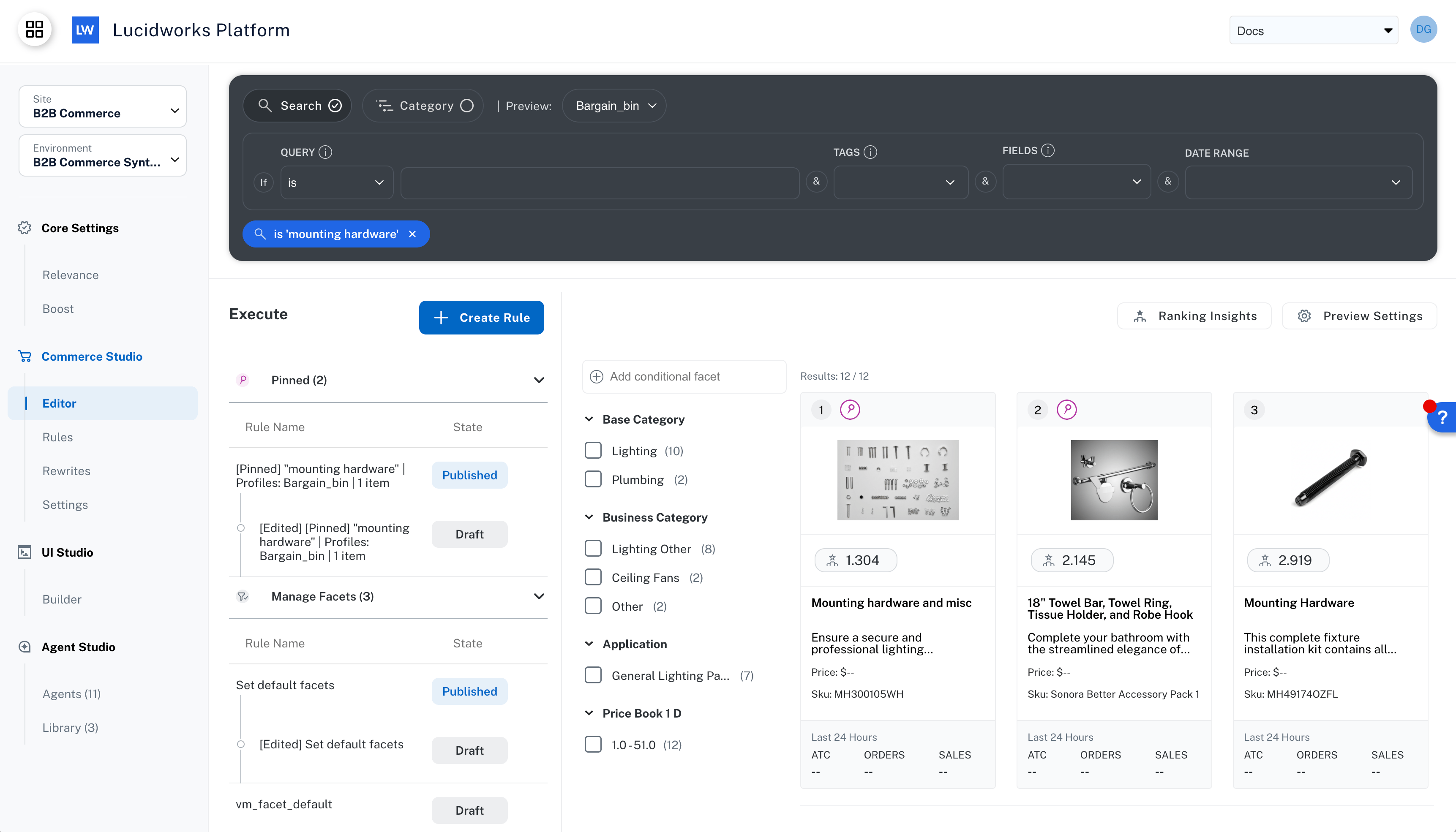 Draft edit for a pin rule in Commerce Studio Editor