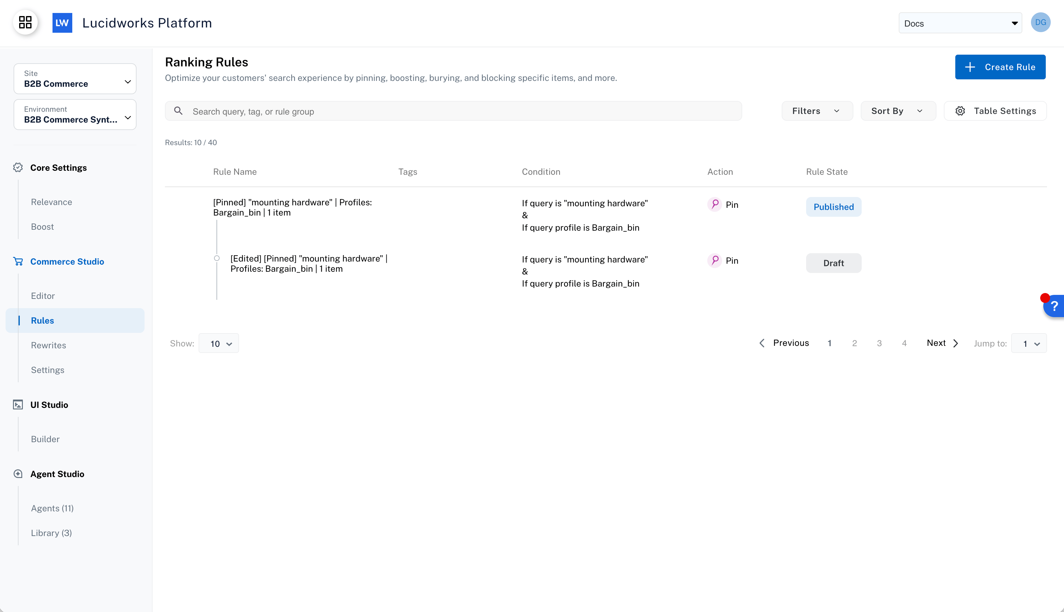 Draft edit for a pin rule in Commerce Studio Rules screen