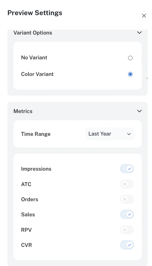 Commerce Studio Editor Preview Settings to set metrics for a specific product