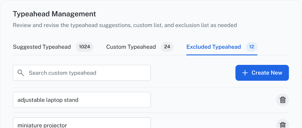 Excluded Typeahead rows with search box and delete icon