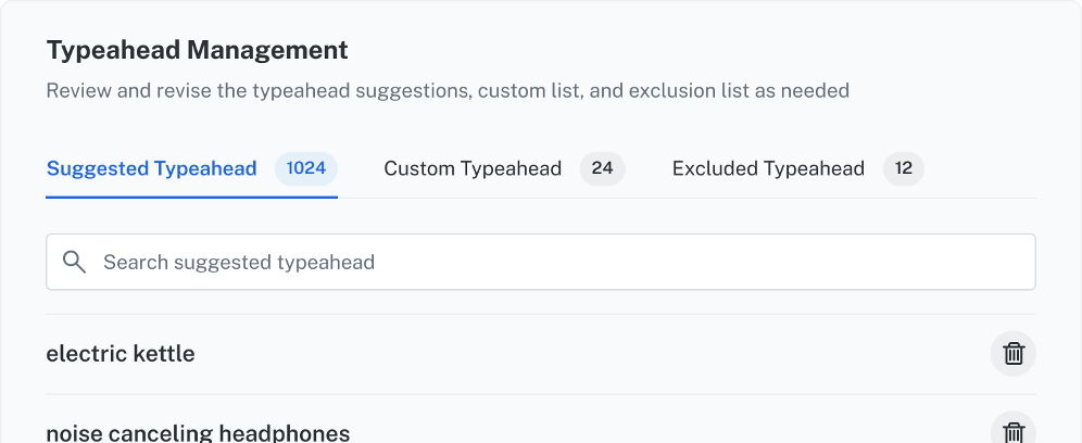 Suggested Typeahead rows with search box and delete icon