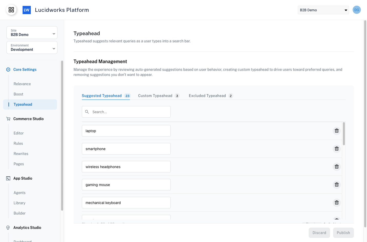 Core Settings Typeahead screen