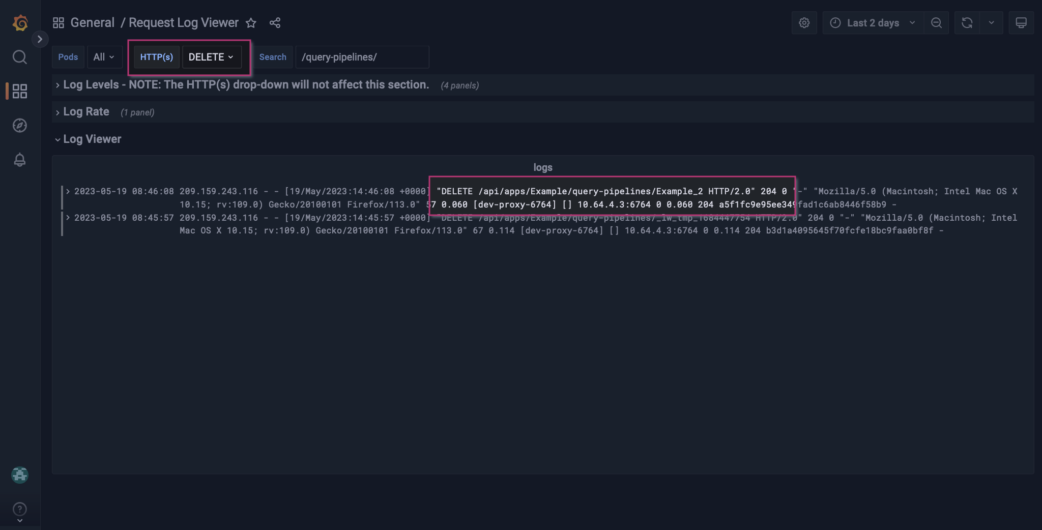Request log viewer example