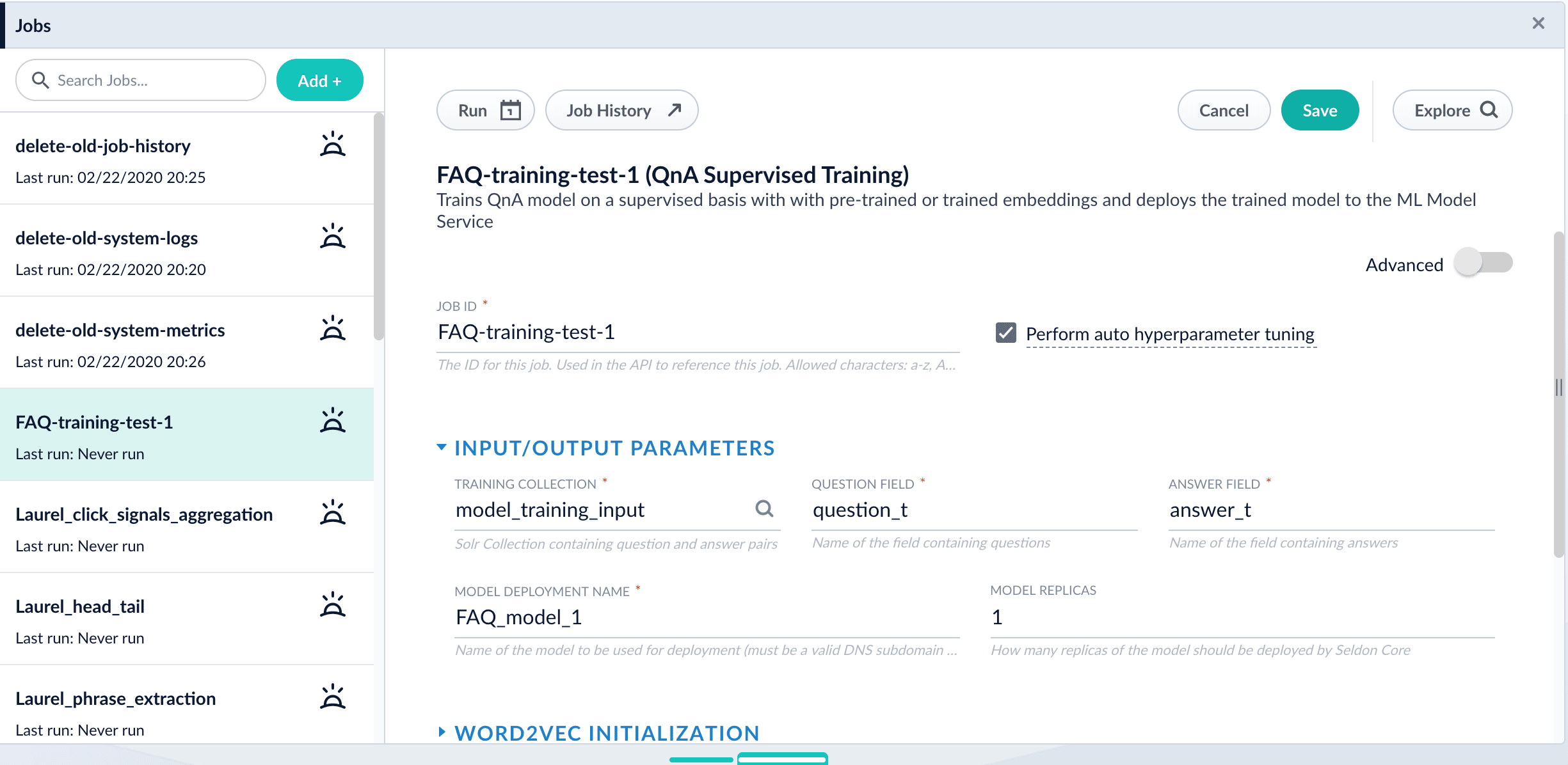 The saved job configuration