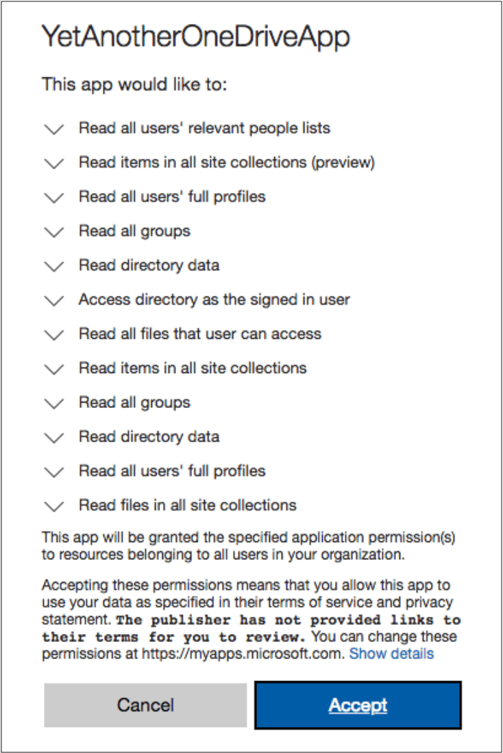 accept screen for One Drive connector permissions