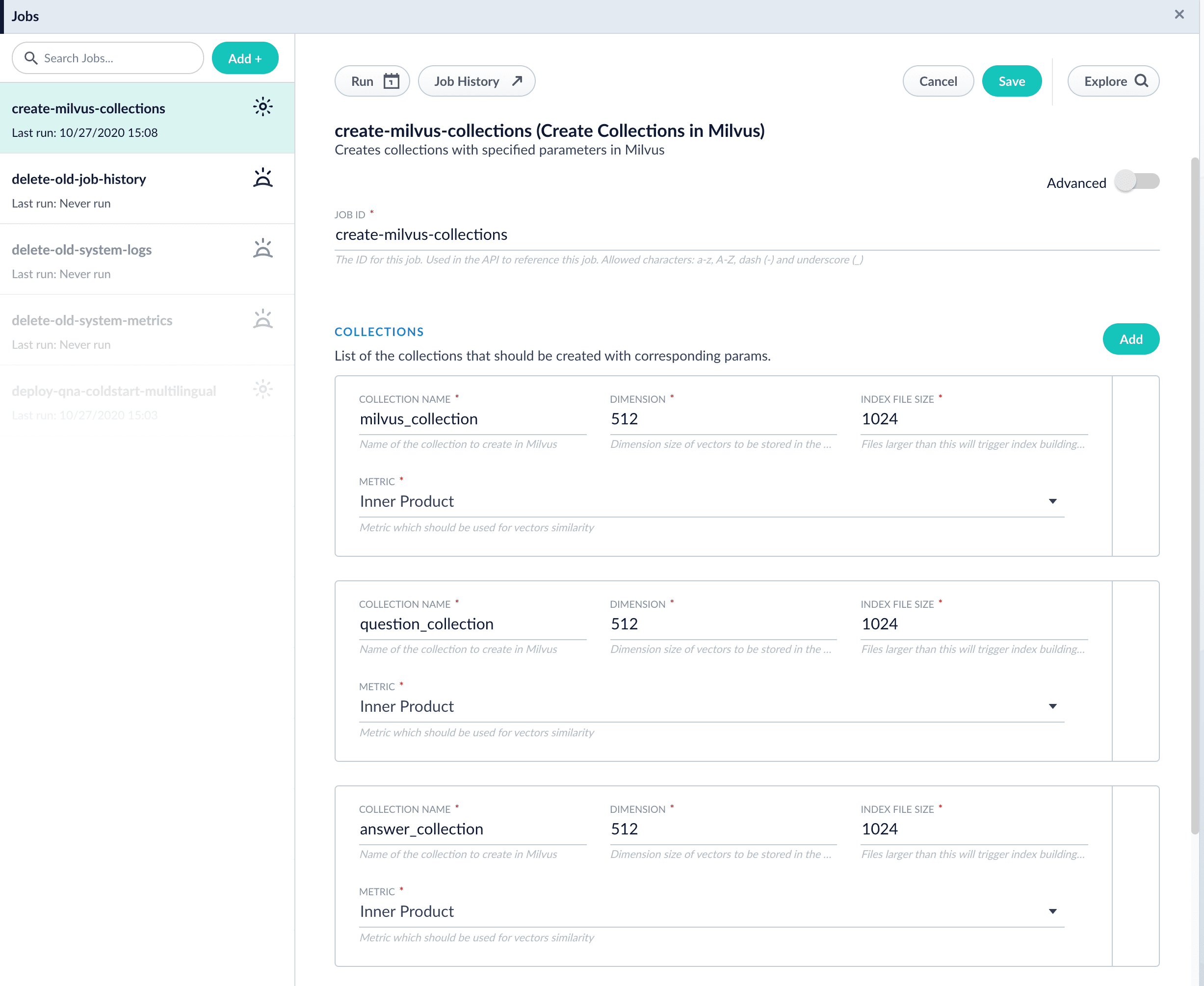Create Collections in Milvus job