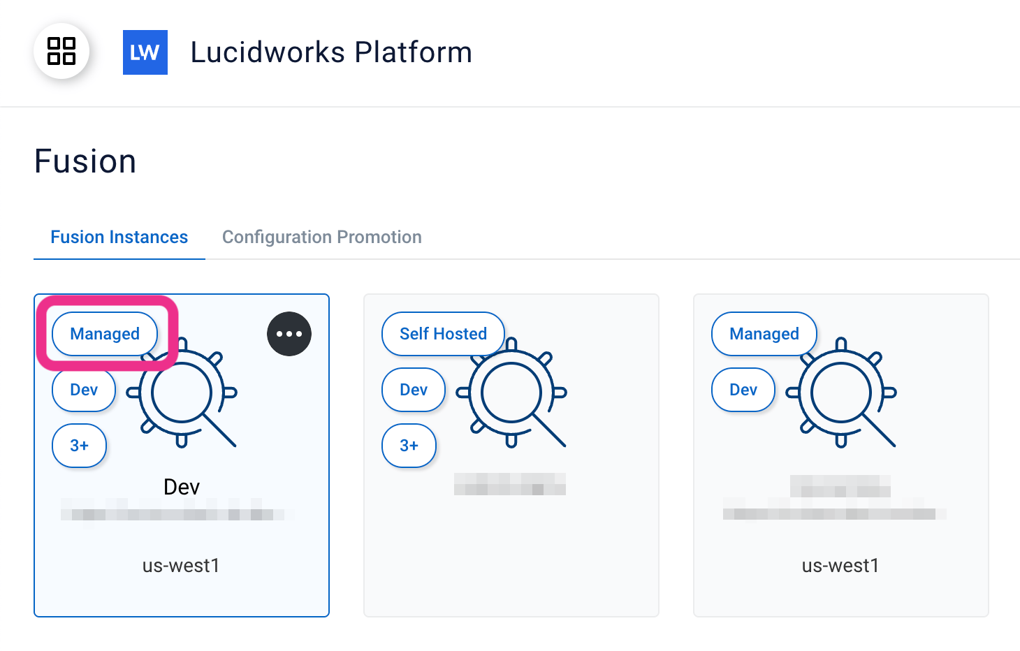 Managed button on a Fusion instances card