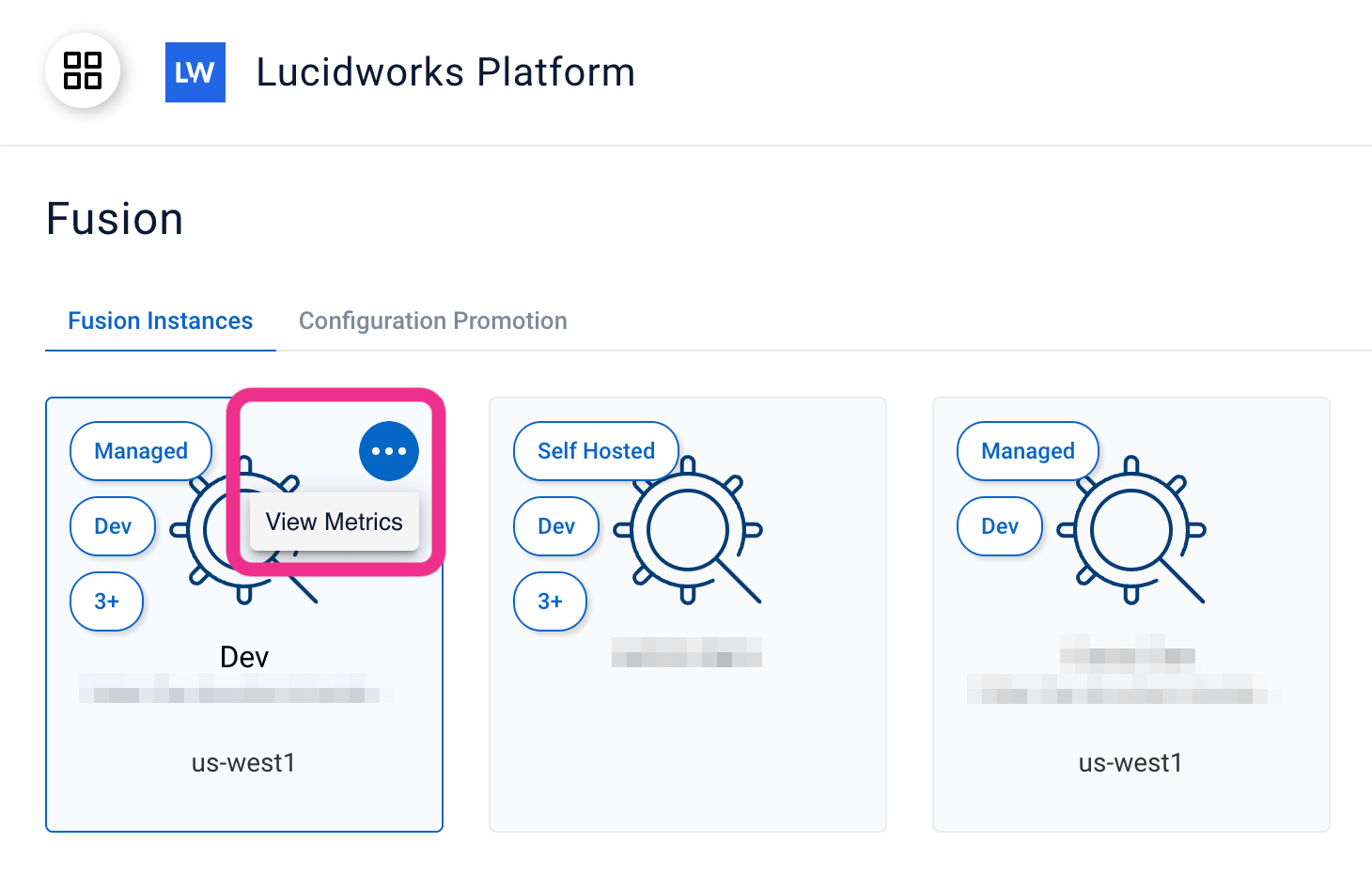 View Metrics item under the three dots on a Fusion instances card