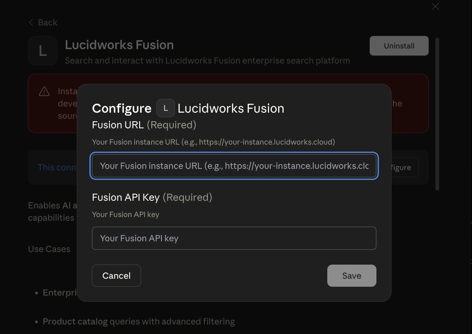 Claude Desktop prompts you for your Fusion URL and your API key.