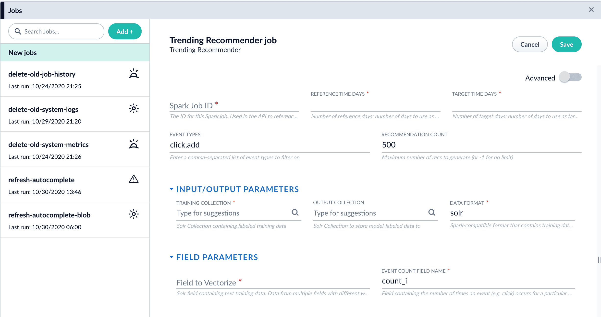 Trending Recommender job configuration panel