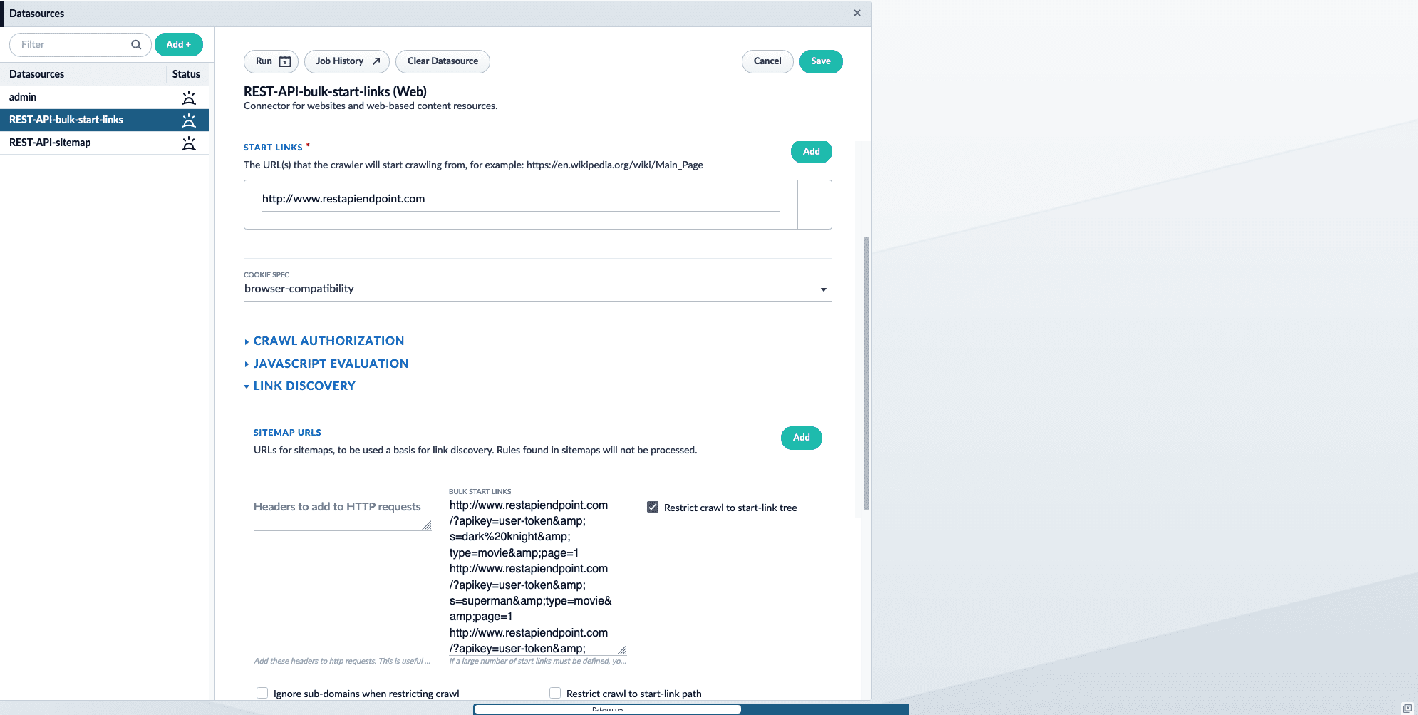 Web connector configuration using start links