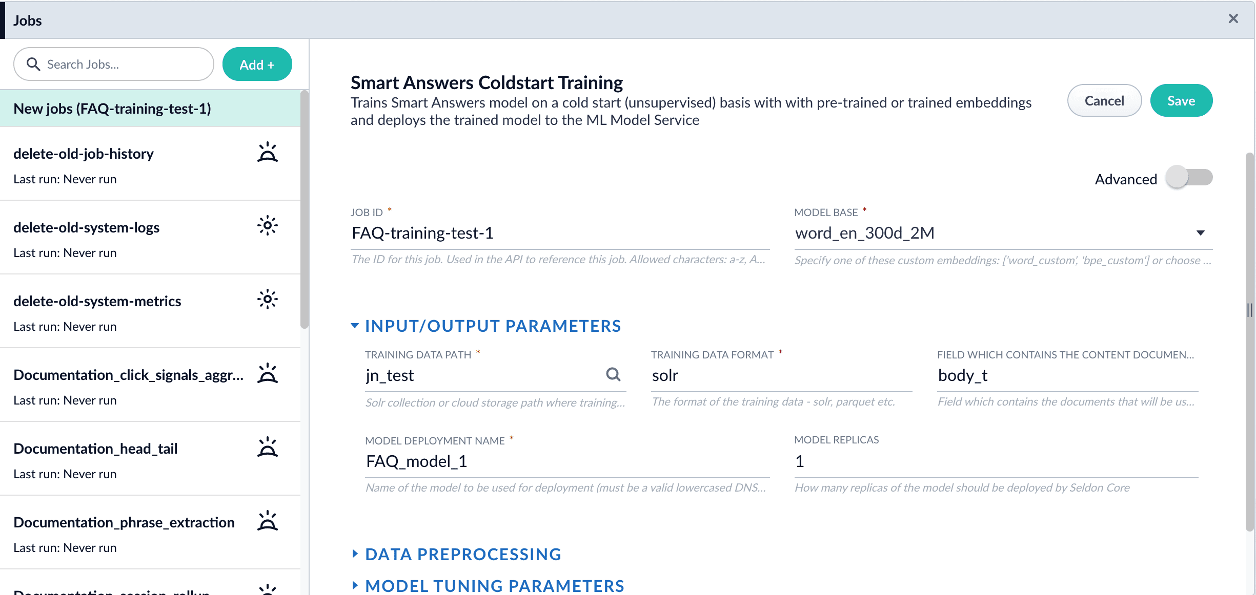 The saved job configuration