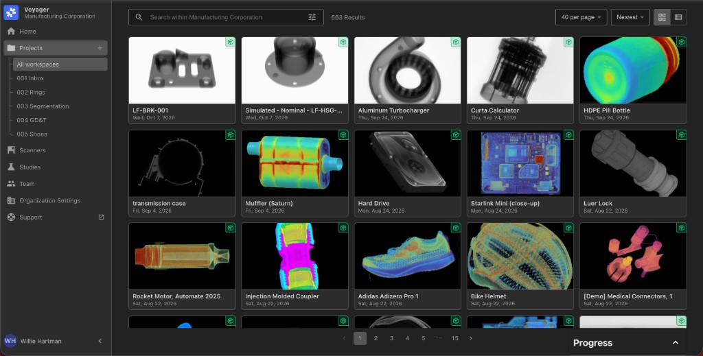 Projects, with workspaces in the sidebar and a grid of scans
