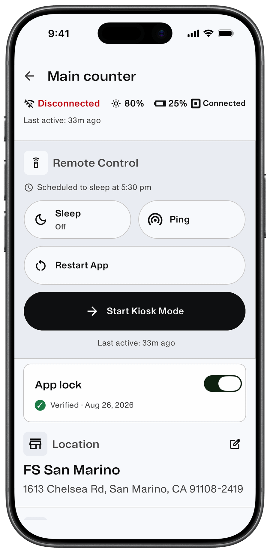 Remy device screen showing a disconnected kiosk, last active 33m ago, remote controls, and App lock verified