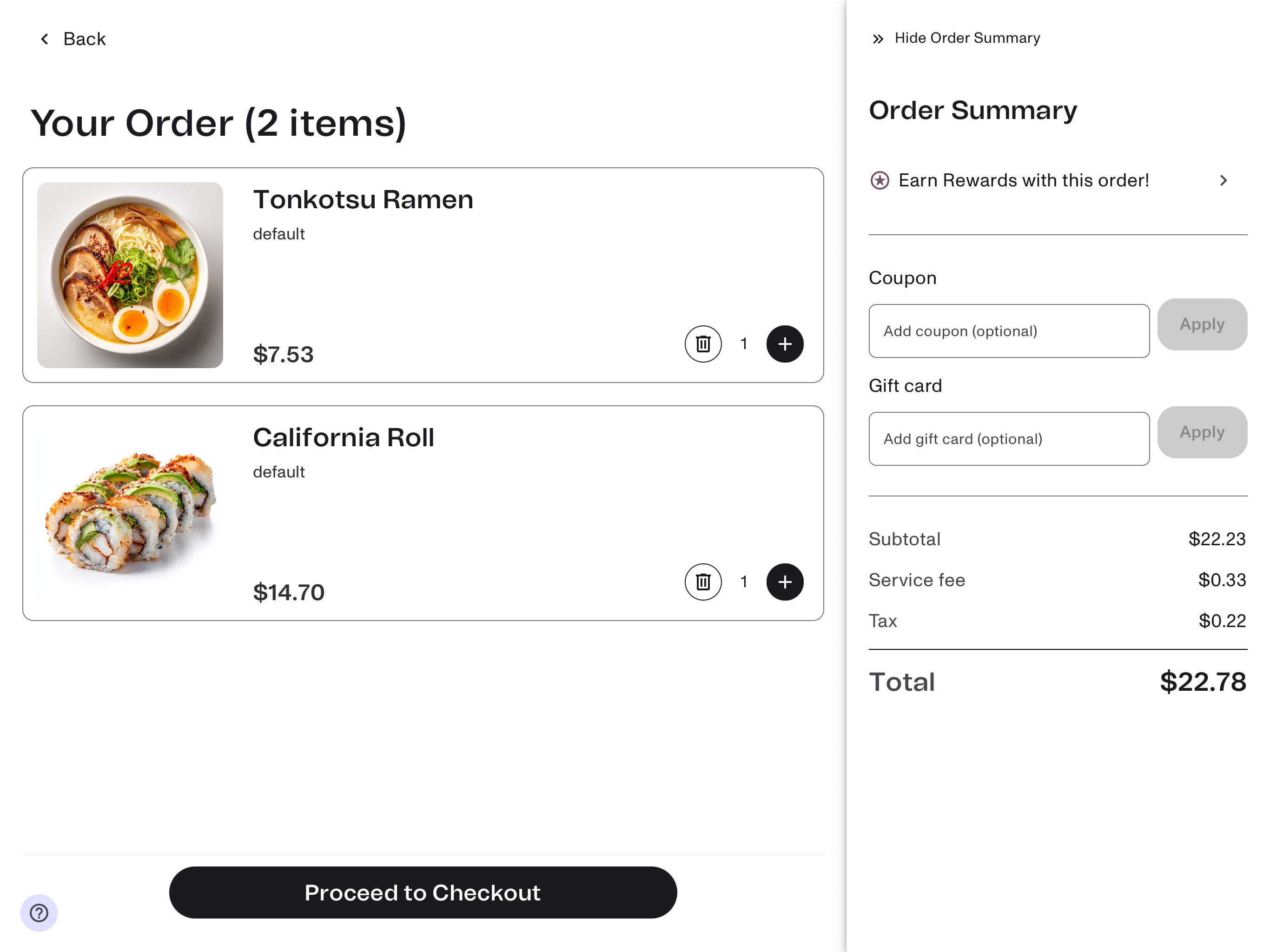 Kiosk order summary showing a Service fee line between Subtotal and Tax