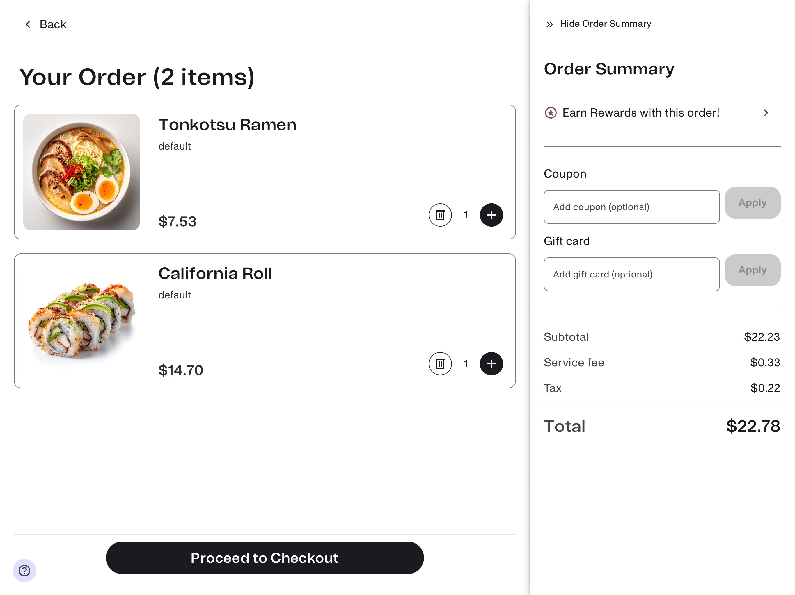 Kiosk order summary showing a Service fee line between Subtotal and Tax