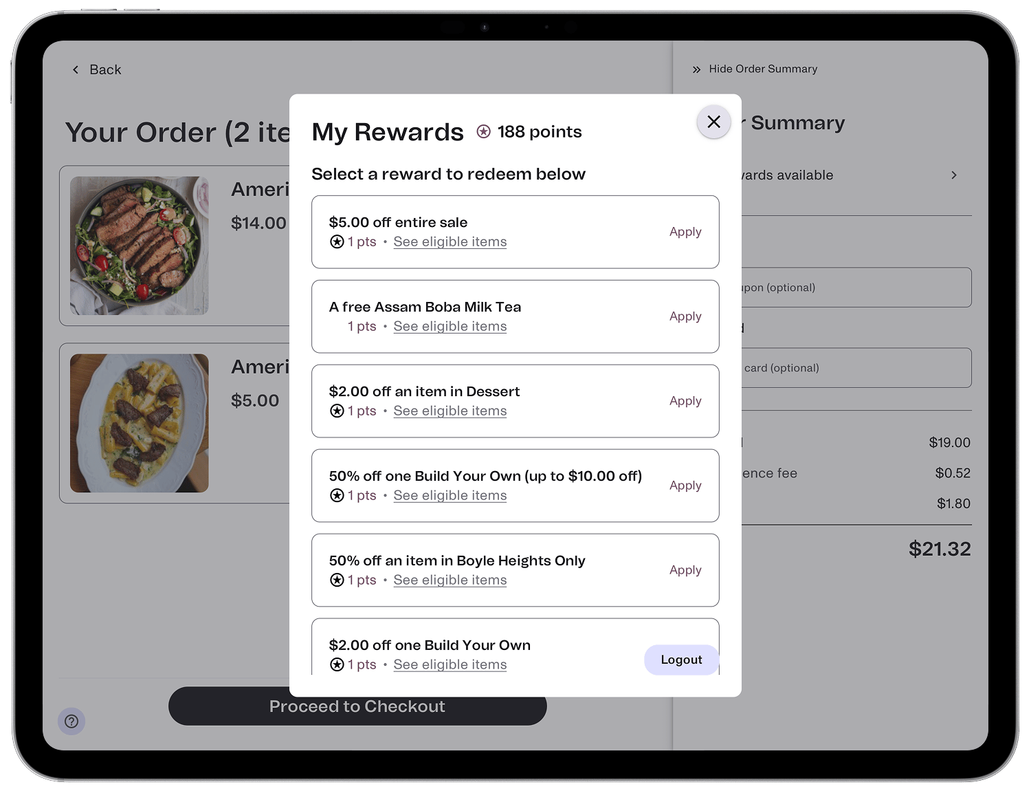 Applying a loyalty reward from the order summary at checkout
