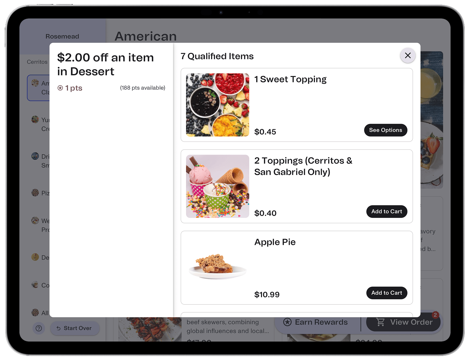 A featured reward promoted directly within the kiosk menu