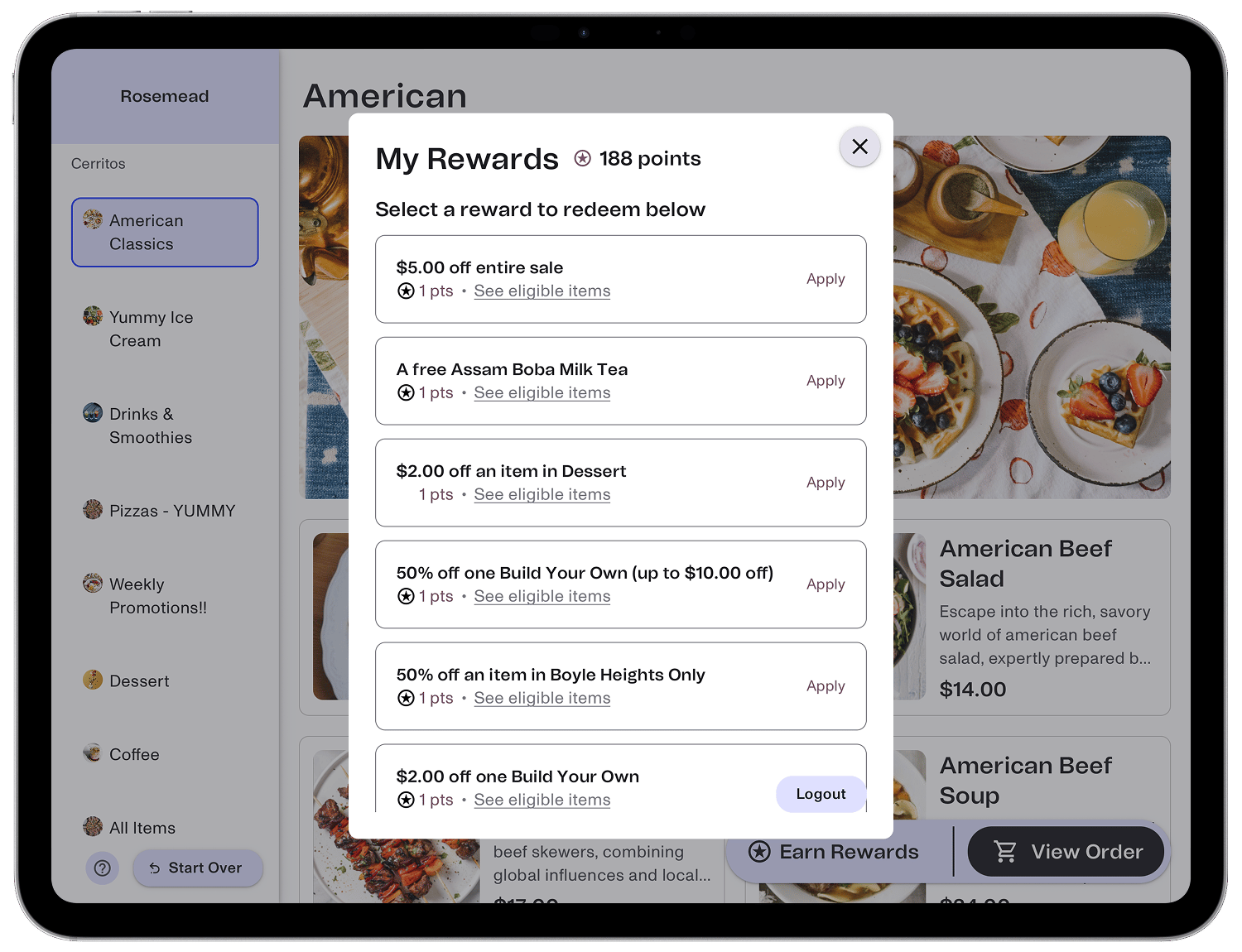 Kiosk screen listing the rewards a member has earned and can redeem