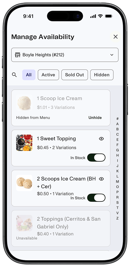 Manage Availability screen in Remy for 86ing items and modifiers from a phone