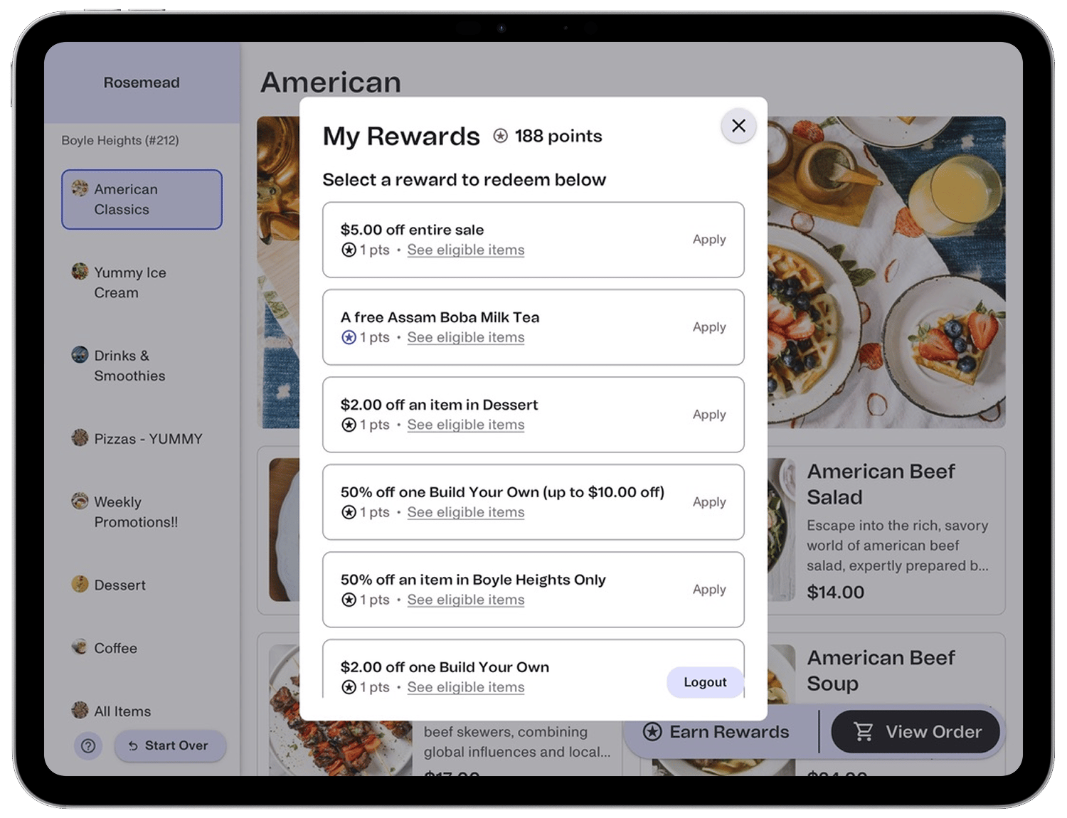 Loyalty rewards panel with multi-reward redemption and live points balance