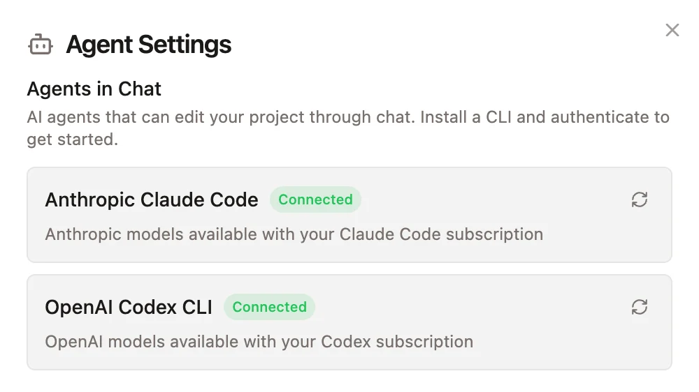 Daydream Agent Settings showing the Claude Code and Codex status cards