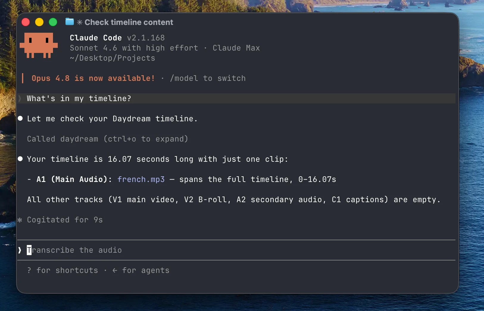 Claude Code running in a terminal, connected to Daydream via MCP and reading the project timeline