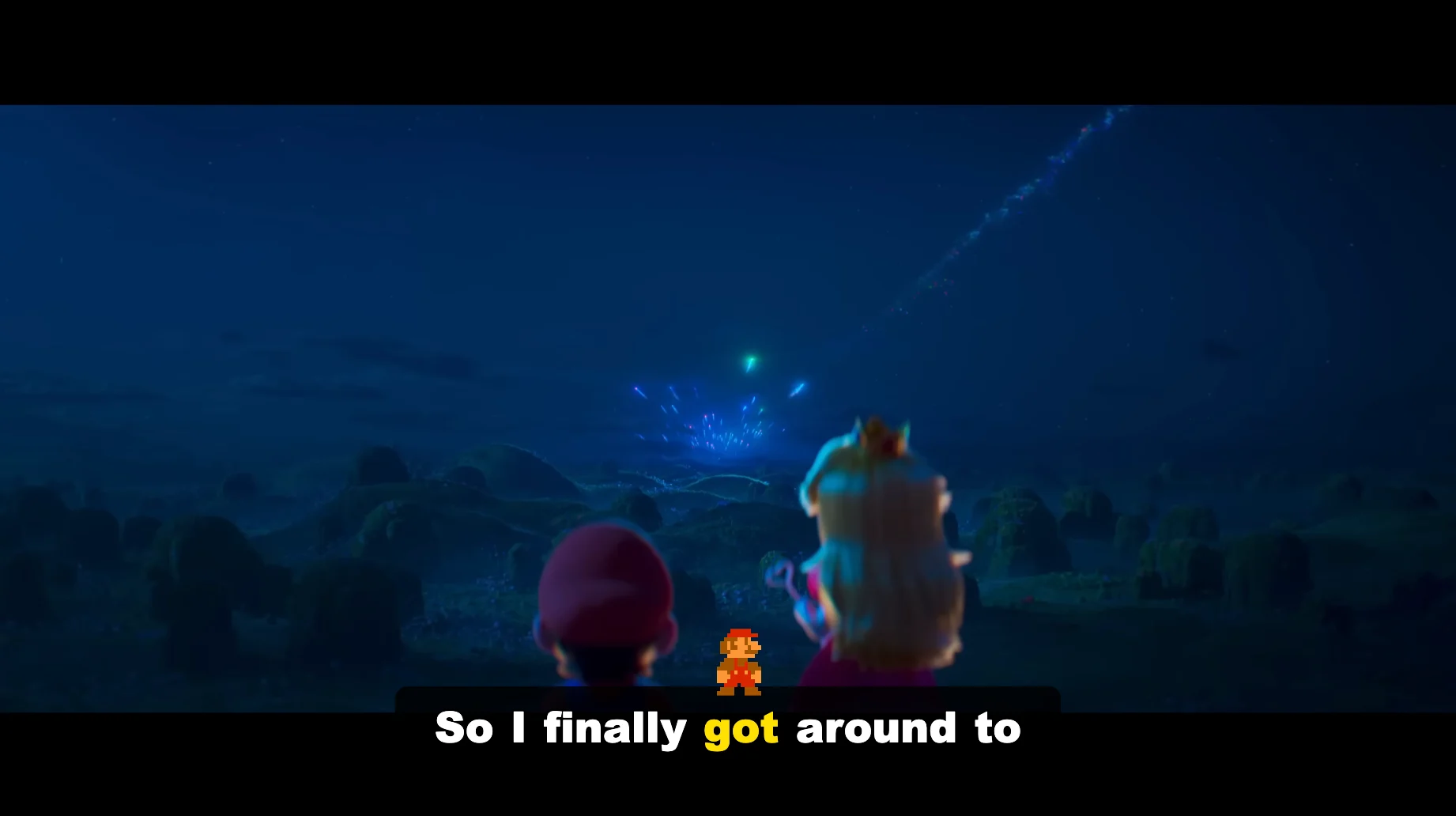 Custom Daydream caption with a Mario sprite resting on the highlighted active word